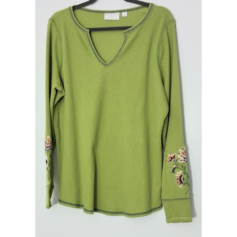 Boho Belle Kim Gravel Top Green Floral Embroidered Waffle Folk Fusion Preowned
